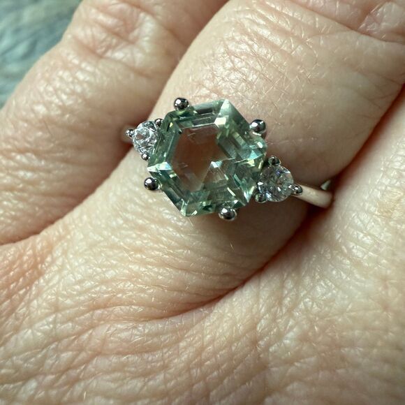 Green Amethyst White Gold Plated Sterling Silver Ring - Picture 3 of 8